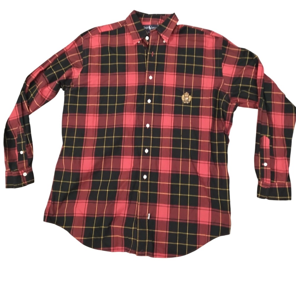 Ralph Lauren Plaid Shirt Men's L Red Black Crest‎ Logo Button Down Long Sleeve